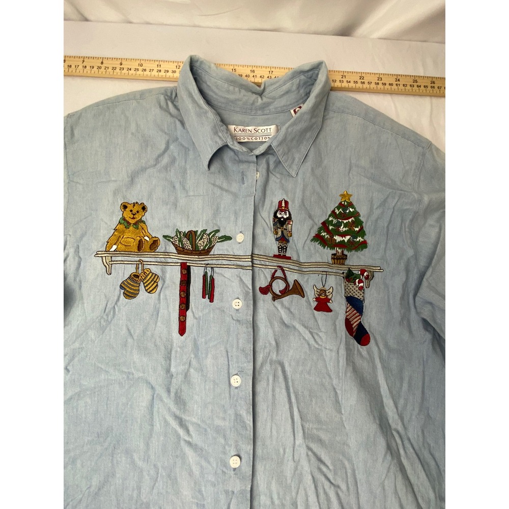 Vintage Karen Scott Christmas Embroidered Button Down Shirt Holiday Top xlarge‎ - Picture 2 of 11